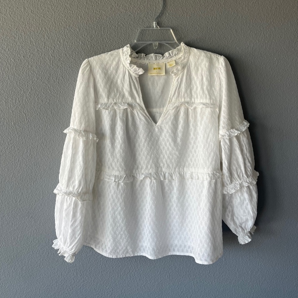 Anthropologie White Ruffled V-Neck Peasant Blouse
